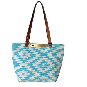 Patricia Nash TEAL Whit Southwest Cotton TOTE Leather Straps CHANNAI 18x13x6